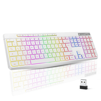 TECURS Tastatur Kabellos Gaming – Leise Tastatur QWERTZ Beleuchtete Ergonomische wasserdichte 2,4 GHz LED-Tastatur für Windows/Mac/PS4/Xbox mit Multimedia-Tasten Weiß