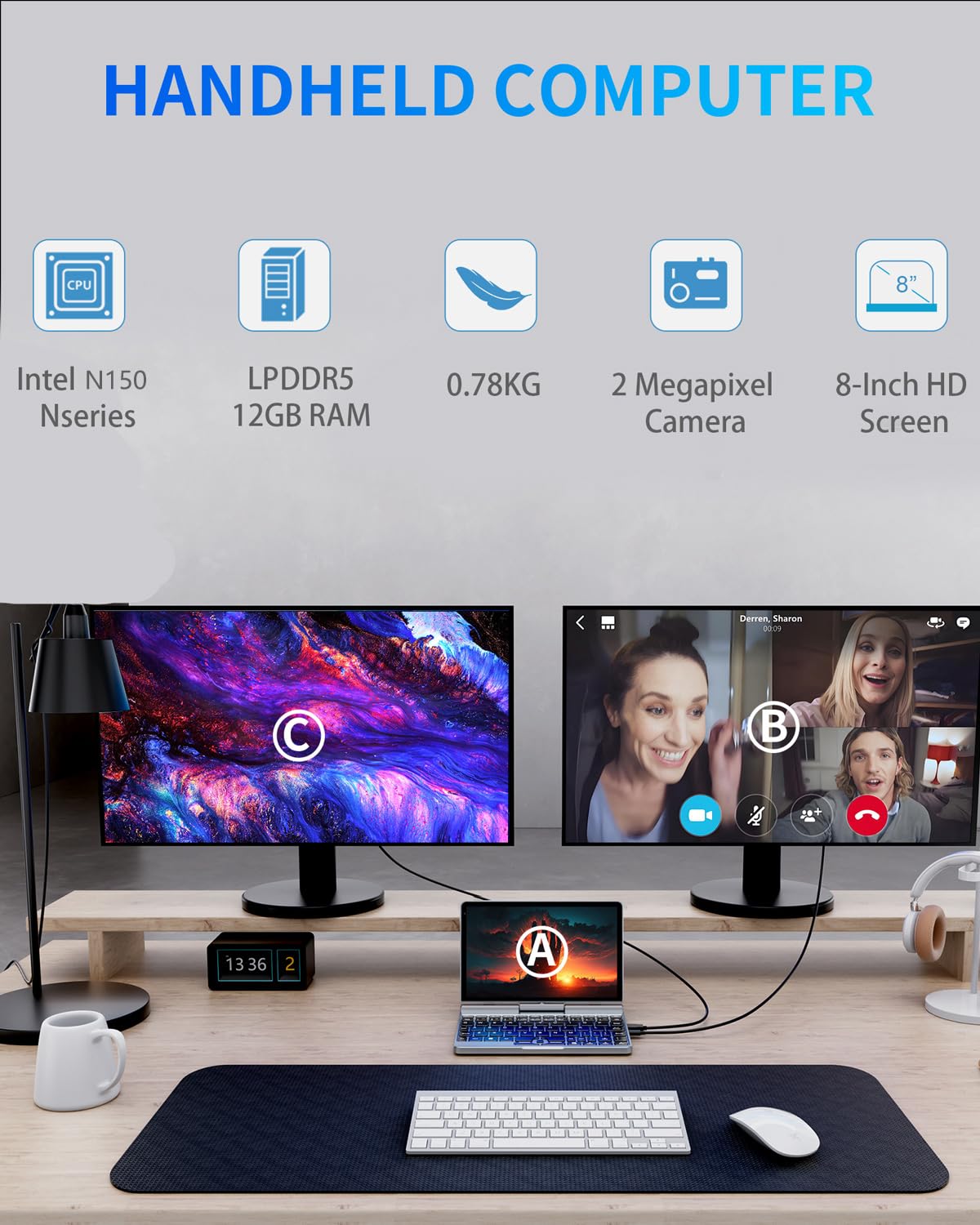 8-Zoll 2-in-1 Mini-Laptop mit QWERTZ-Tastatur, drehbarem HD-Touchscreen & Stiftunterstützung, Windows 11 Pro, N150, 12GB RAM, 1TB SSD, Wi-Fi 6, BT 5.2, HDMI, Typ-C, 2MP Kamera