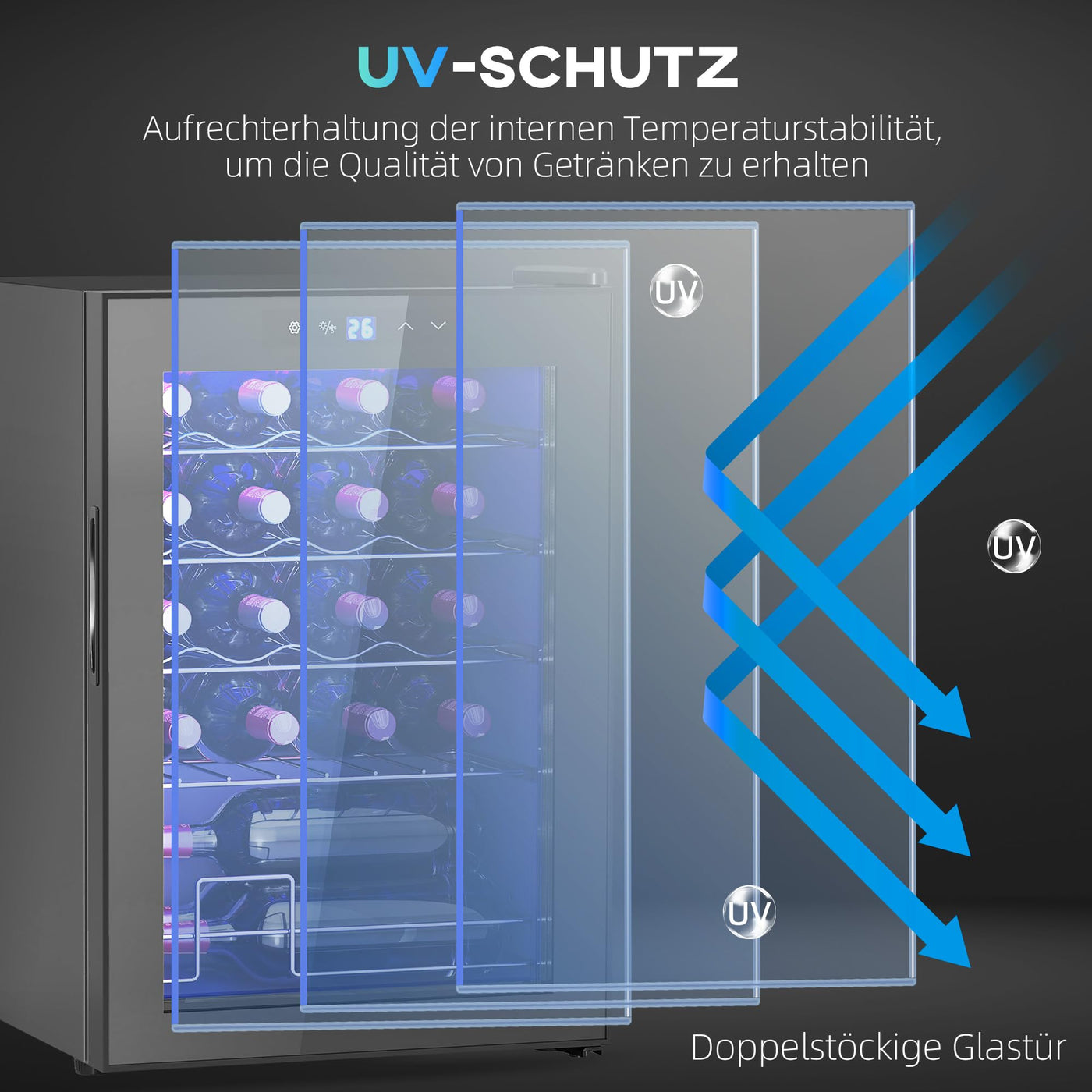 HOMCOM Weinkühlschrank 20 Flaschen 53L 5-18℃ Kompressor Getränkekühlschrank mit Anti-UV Glastür, Flaschenkühlschrank mit LED-Leuchte, Kleiner Weinschrank mit Touch-Screen Schwarz