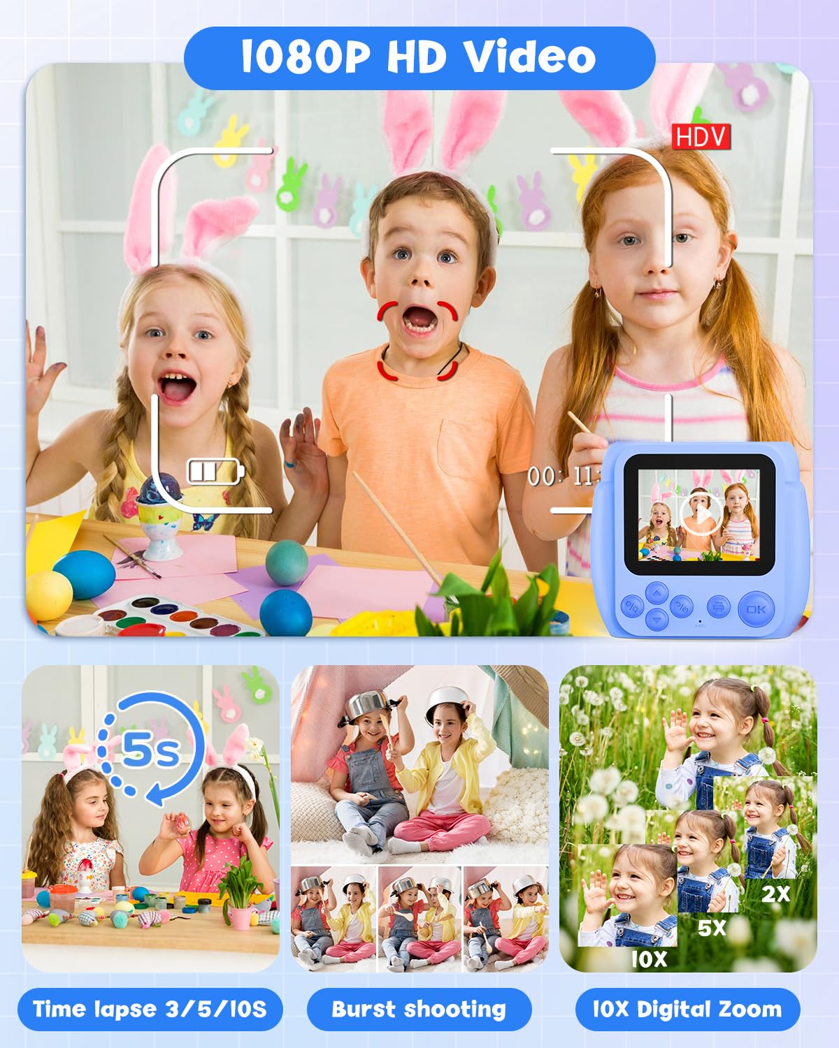Gofunly Sofortbildkamera Kinder, 2.4 Zoll Bildschirm Kinderkamera Sofortbildkamera mit 32GB Karte & Druckpapier, Kamera Kinder Sofortdruck HD 1080P, Camera mit Fotos Drucken Geschenk für 3-12 Jahre