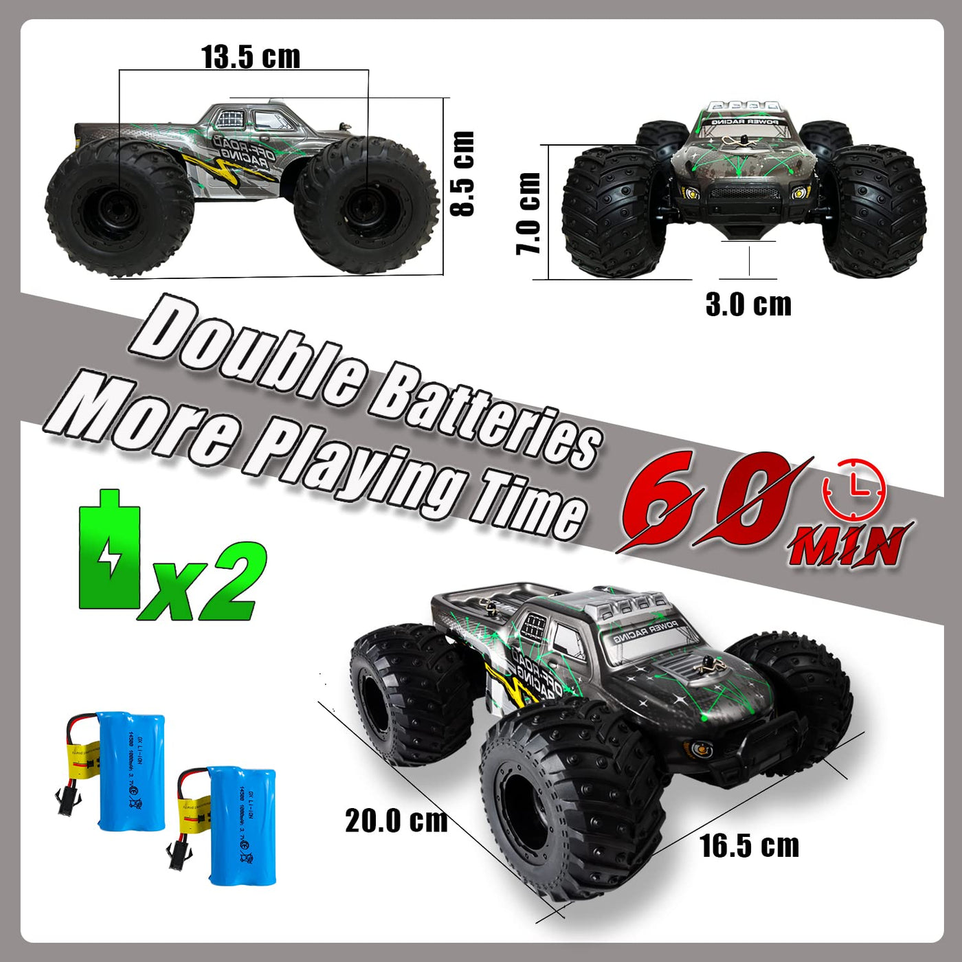 KINSAM Ferngesteuertes Auto, 20 km/h für Kinder ab 6 8 10 Jahre,Spielzeug Monstertruck Ferngesteuert mit 2 Akku 1000Mah(60min Spielzeit),2.4GHz RC Car für Anfänger,RC Buggy Offroad mit 2 Karosserien ﻿