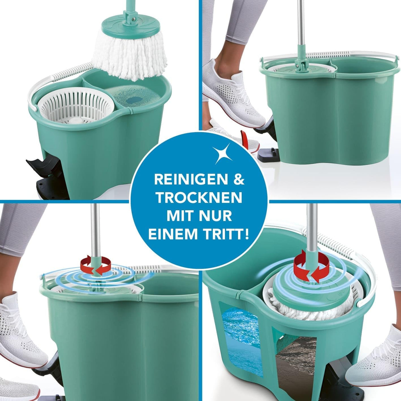 CLEANmaxx Power-Wischmopp mit Zwei-Kammer-Filtersystem | Designed in Deutschland - Schmutzwasser wird gefiltert, leichtes Auswringen für streifenfreie Sauberkeit | Ideal für Laminat, Parkett & Fliesen