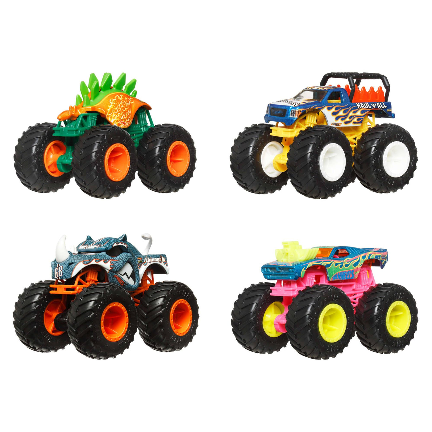 Hot Wheels Monster Trucks im Maßstab 1:64, Spielzeug-Trucks, 4er-Set, riesige Räder, Lieblingscharaktere und Coole Designs, JGD65