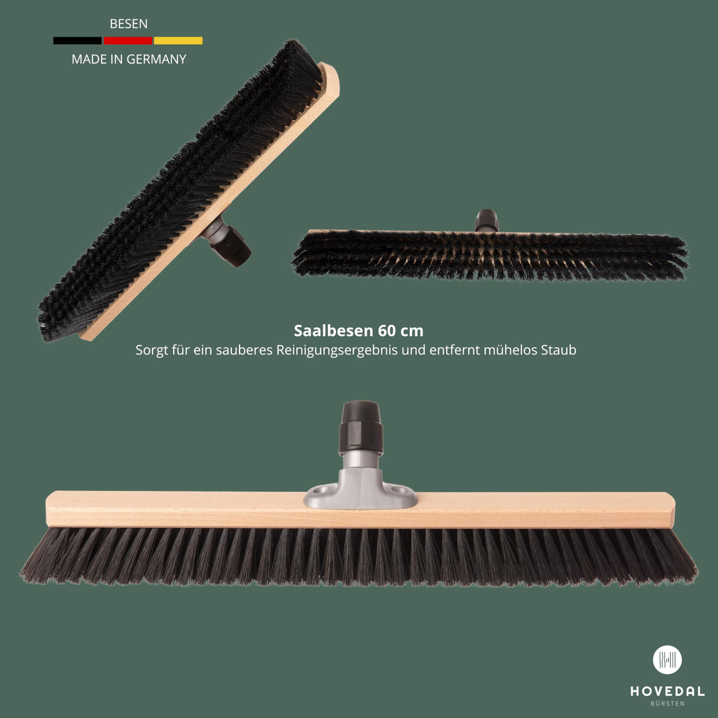 Saalbesen mit Stiel, Besen 60 cm breit und groß mit Teleskopstiel, ideal für Werkstatt, Werkstattbesen, Hallenbesen