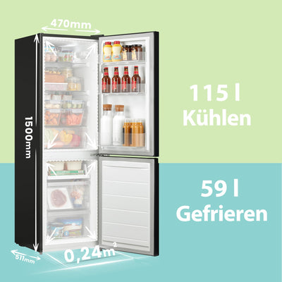 Comfee RCB169DK2(E) Kühl-/Gefrierkombination/150 cm Höhe/Low Frost/Einstellbare Kühlschranktemperatur/LED-Licht/195 kWh/Jahr/115L Kühlteil/59L Gefrierteil/Schwarz