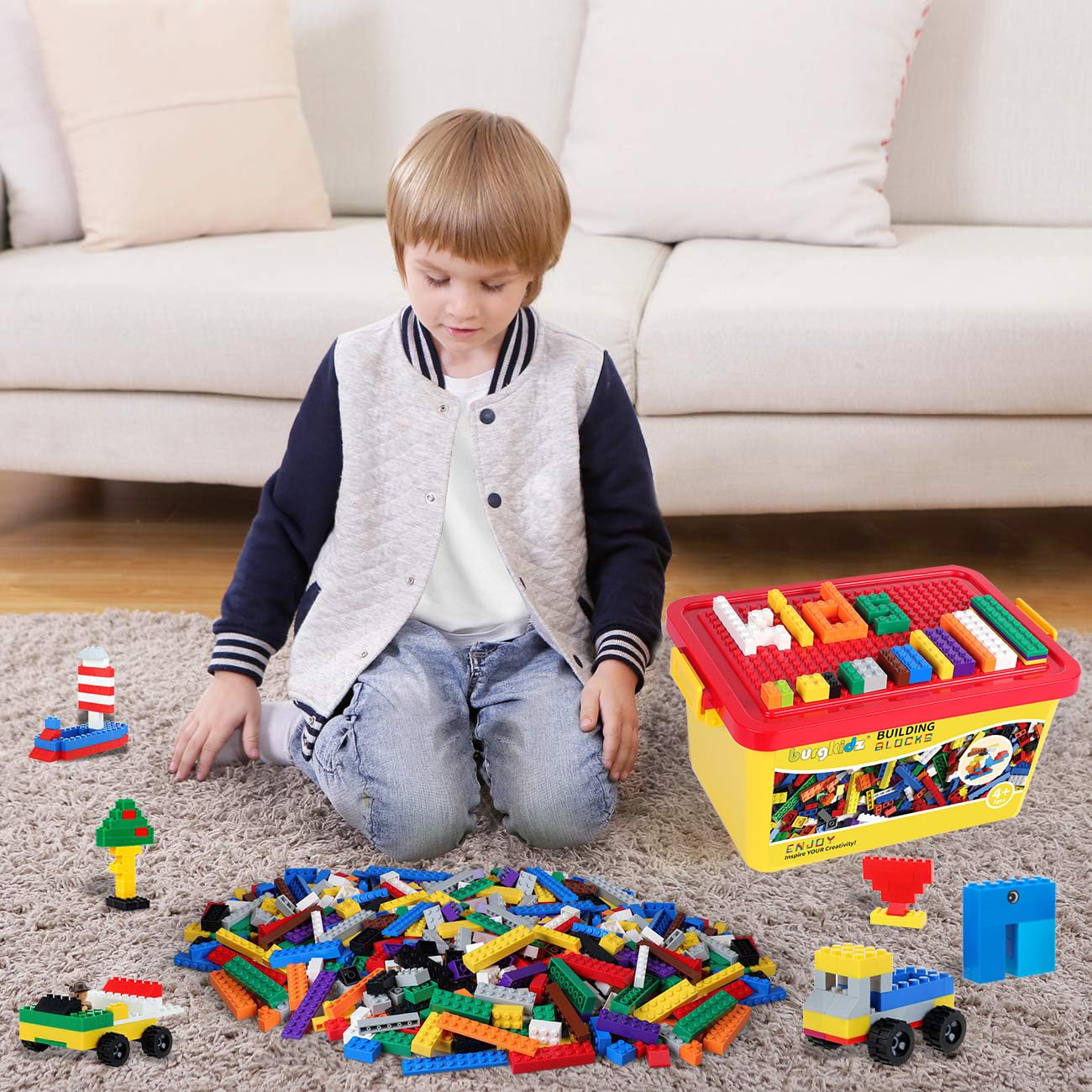 burgkidz Bausteine 520-teiliges Set, 500 Grundbausteine in 10 Farben Inklusive Räder, Fenster und Türen, Schüttgutblock mit wiederverwendbarer Aufbewahrungsbox für Kinder 4-8 Jahre Jungen Mädchen