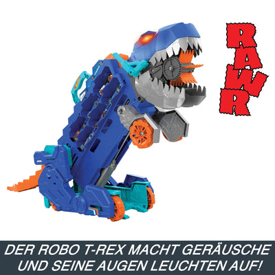 Hot Wheels Let's Race Netflix -2:1 Transporter zu T-Rex mit inkl. Autorennbahn, mit Beleuchtung und Geräuschen, inkl. 2 Spielzeugautos, Platz für 20 Autos, Hot Wheels Dino, Spielzeug ab 4 Jahre, HNG50
