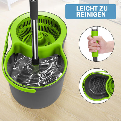 Wischmopp Set mit Eimer, Masthome 2-in-1 Bodenwischer Komplett Set mit 3 Mikrofaser-Pads, Wischmopp mit Verstellbarer Edelstahlstiel (100-128cm),Putzeimer mit Wischmopp für Laminat(Grün)