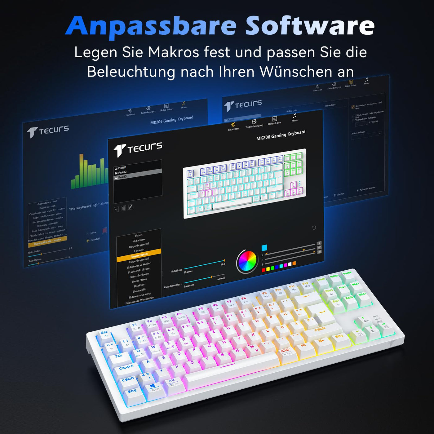 TECURS Mechanische Tastatur - Gaming Tastatur Kabellos Programmierbare 80% TKL QWERTZ mit Rote Schalter, RGB-Beleuchtung, Multimedia-Tasten, Mechanical Keyboard für PC/PS4/PS5, Weiß