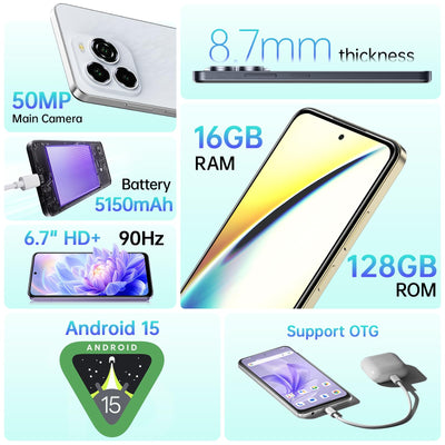 OUKITEL C65 Android 15 Smartphone Ohne Vertrag, 16GB+128GB/1TB Handy Ohne Vertrag, 6.7" HD+ 90Hz Handy Günstig, 50MP+8MP, 5150mAh Simlockfreie Handys, Dual SIM 3 Steckplatz/Fingerabdruck/3.5mm Jack