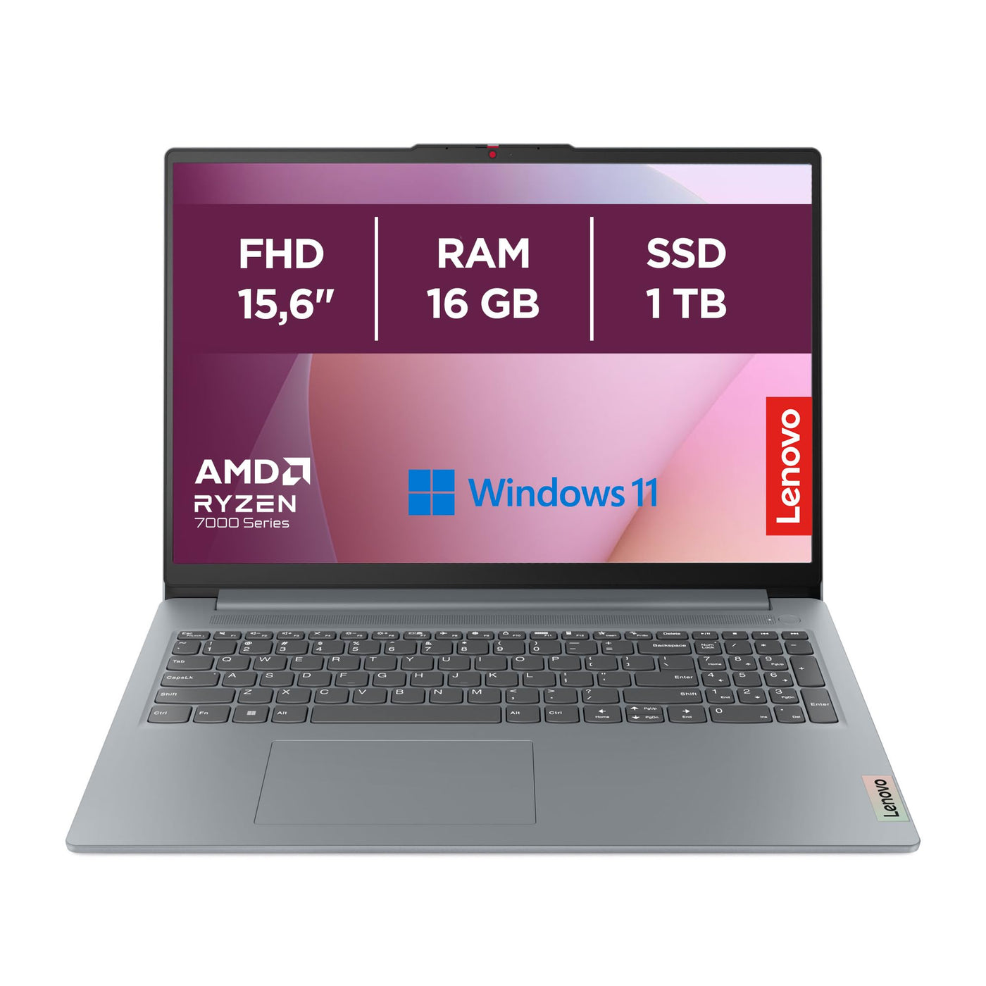 Lenovo IdeaPad Slim 3 Notebook 15,6 Zoll (39,6 cm) FHD (1920 x 1080), AMD Ryzen 7 7730U, 16 GB RAM, 1 TB SSD, integrierte Grafiken, Windows 11 Home, WiFi 6 - Arctic Grey, exklusiv von Amazon