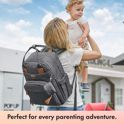 Wickeltasche Rucksack - Dikaslon Großer Wickelrucksack mit Multifunktions-Babytaschen und mobiler Wickelauflage - Schnullerhalter und Kinderwagengurte - für Mama und Papa (dunkelgrau), Einheitsgröße