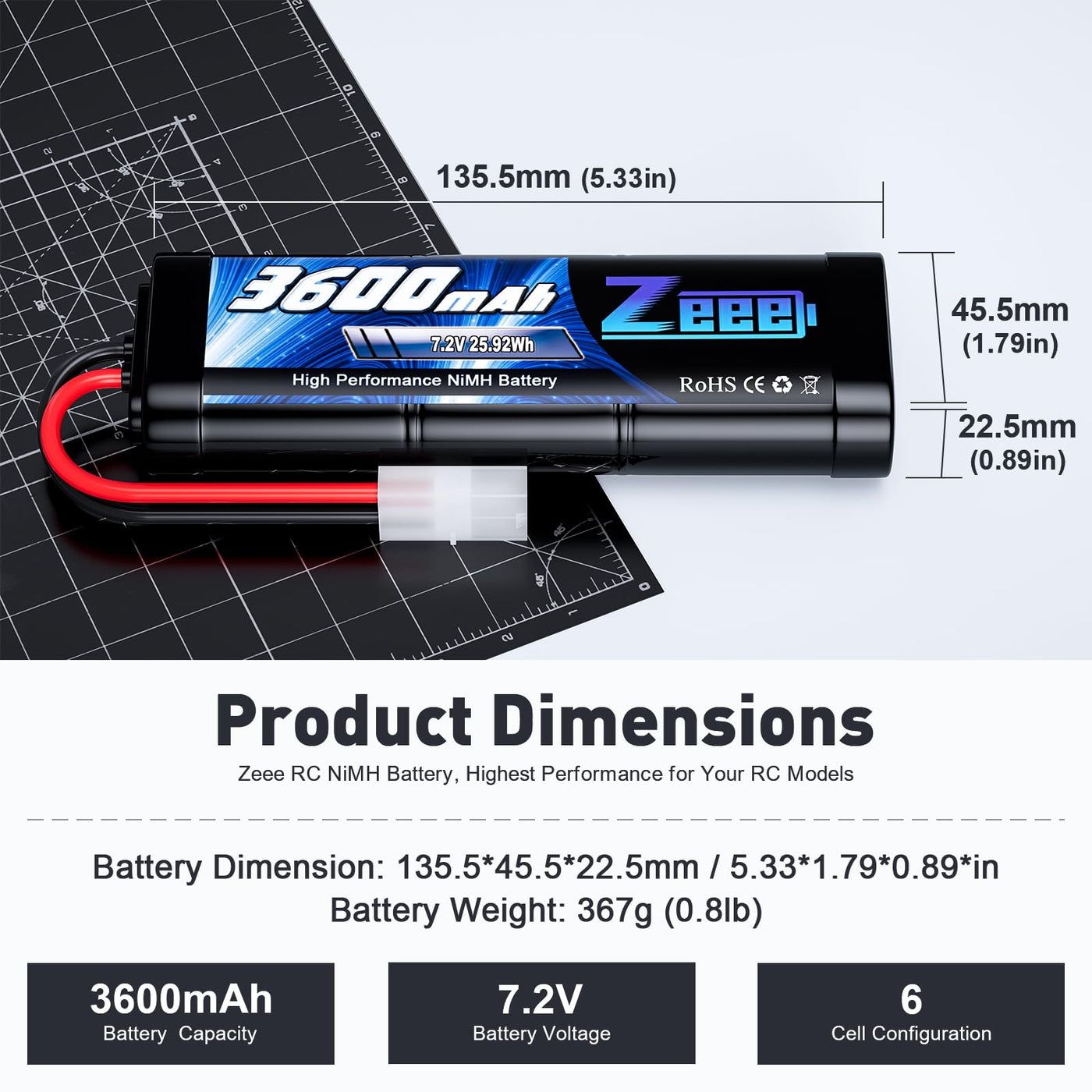 Zeee 7,2V 3600mAh RC NiMH Akku für RC Auto RC LKW HPI Losi Kyosho Hobby (2 Packungen)
