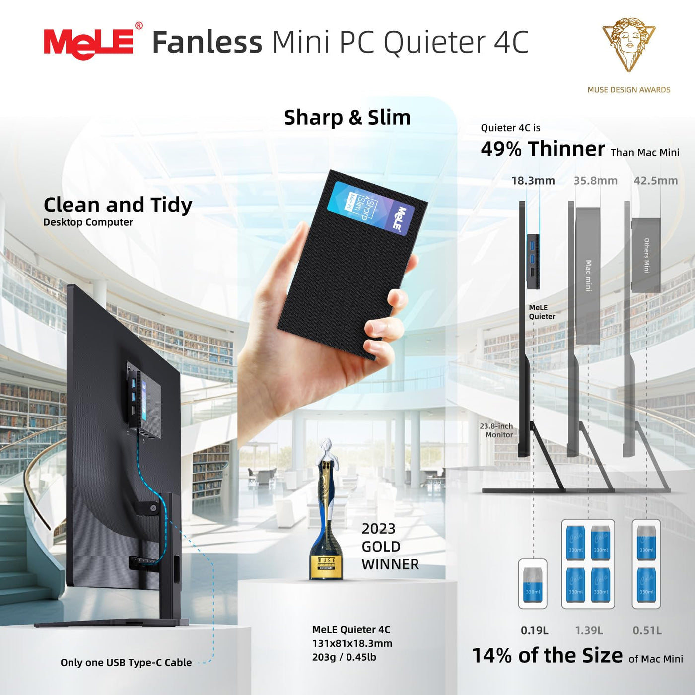 MeLE Mini PC Quieter 4C lüfterloser PC, N100 16GB RAM 512GB ROM, Win11 Pro, Vollfunktionsfähiges USB-C, 4K Triple Display Desktop PC für Zuhause, Büro, Bildung, Astrophotografie