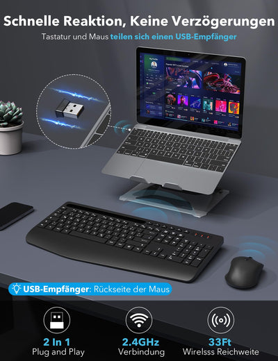 Tastatur Maus Set Kabellos, Ergonomische Tastatur in Voller Größe mit Handgelenkauflage, Telefonhalter, Schlafmodus, Leise 2,4 GHz kabellose Tastatur und Maus für Mac, Windows, Computer, Laptop, PC
