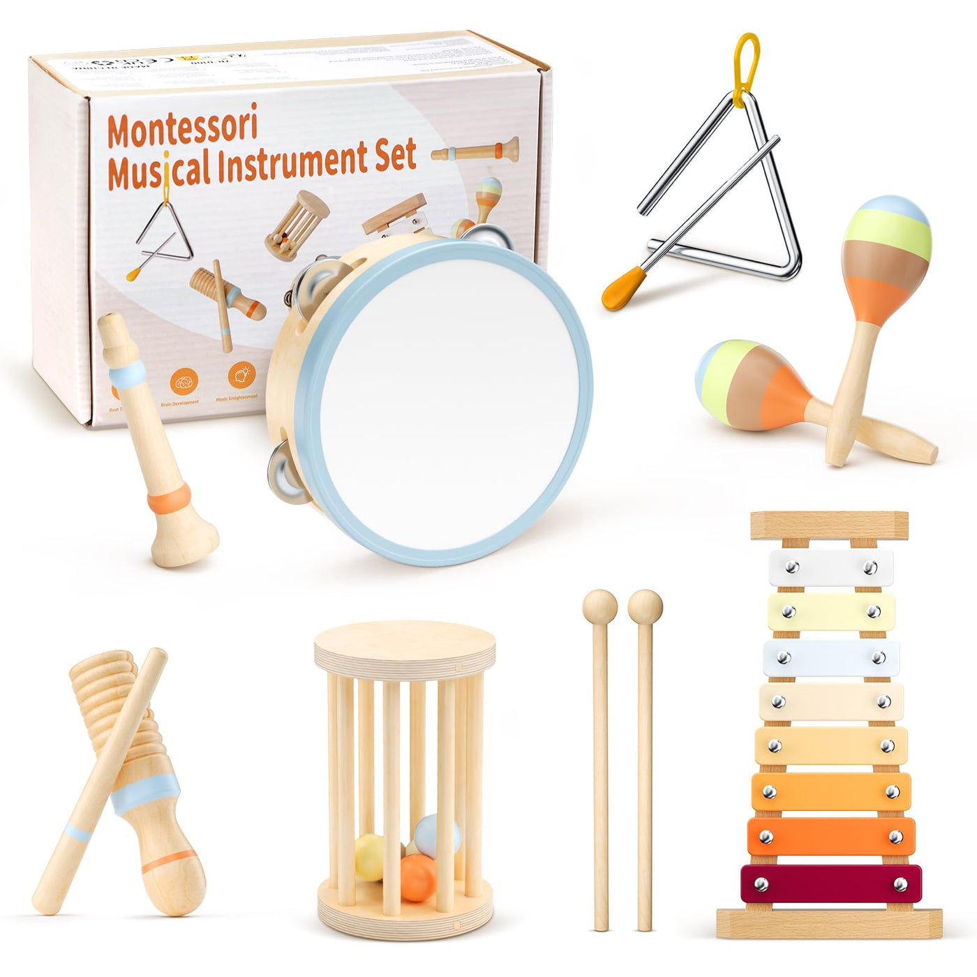 Musikinstrumente für Kinder, Montessori Musikinstrumente Set, Musik Holzspielzeug für Jungen und Mädchen, Spielzeug Geschenke Trommel Xylophon für Kleinkinder ab 1-3 Jahren