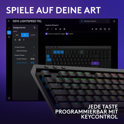 Logitech G G515 LIGHTSPEED TKL kabellose flache Gaming-Tastatur, LIGHTSYNC RGB, dünnes Profil ohne Ziffernblock, PBT-Tastenkappen, lineare mechanische Switches, Deutsches QWERTZ-Layout - Schwarz