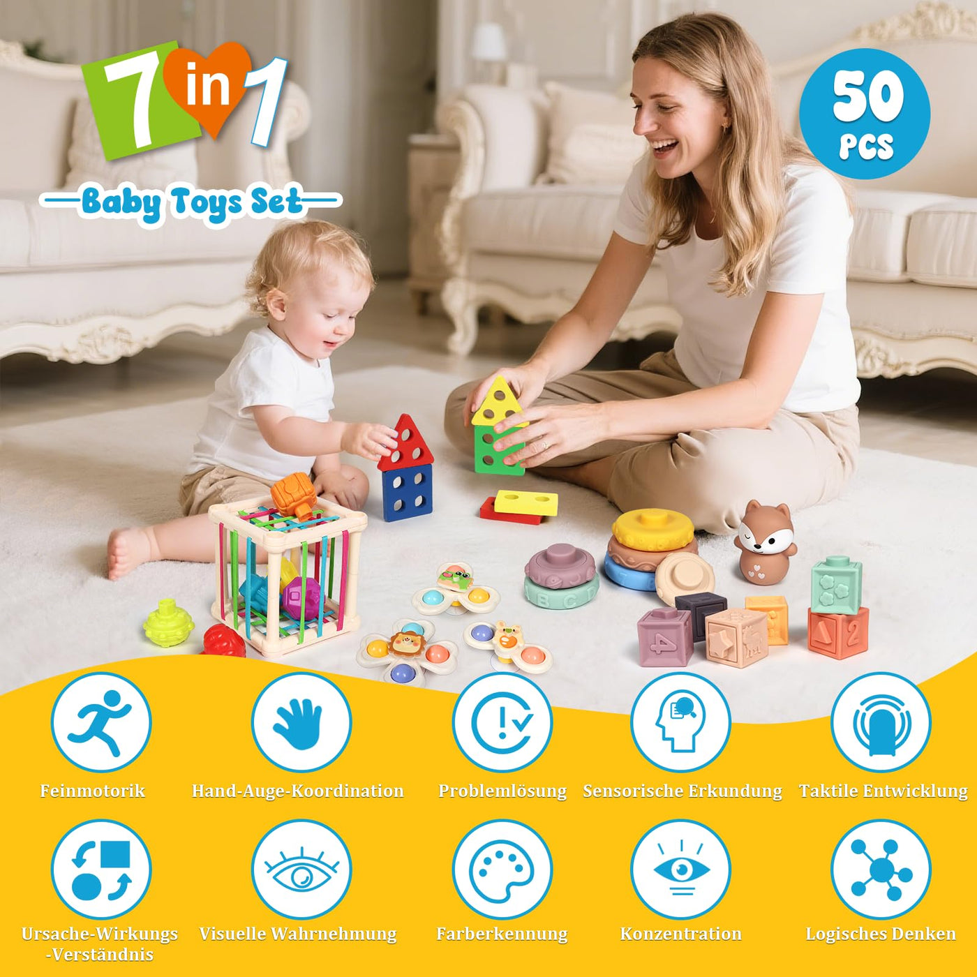 LearnToy Baby Spielzeug 18-36 Monate - Montessori 7-in-1 Aktivitätsset mit Stapelblöcken, Beißring & Sensorik-Behälter, Zertifiziert nach EN71, Geschenk für Babys