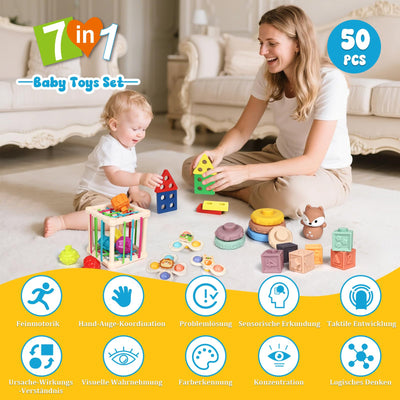 LearnToy Baby Spielzeug 18-36 Monate - Montessori 7-in-1 Aktivitätsset mit Stapelblöcken, Beißring & Sensorik-Behälter, Zertifiziert nach EN71, Geschenk für Babys