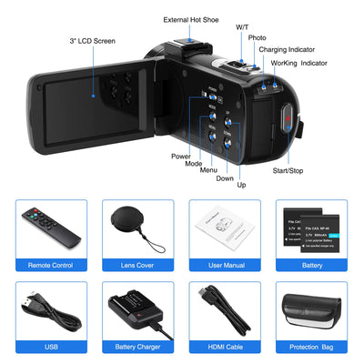 CAMKORY Videokamera 2.7K Camcorder 36MP 16X Digitalzoom IR-Nachtsicht 3.0'' Berühren Sie den IPS-Bildschirm Webcam Kamera für YouTube Tiktok mit 2 Batterien