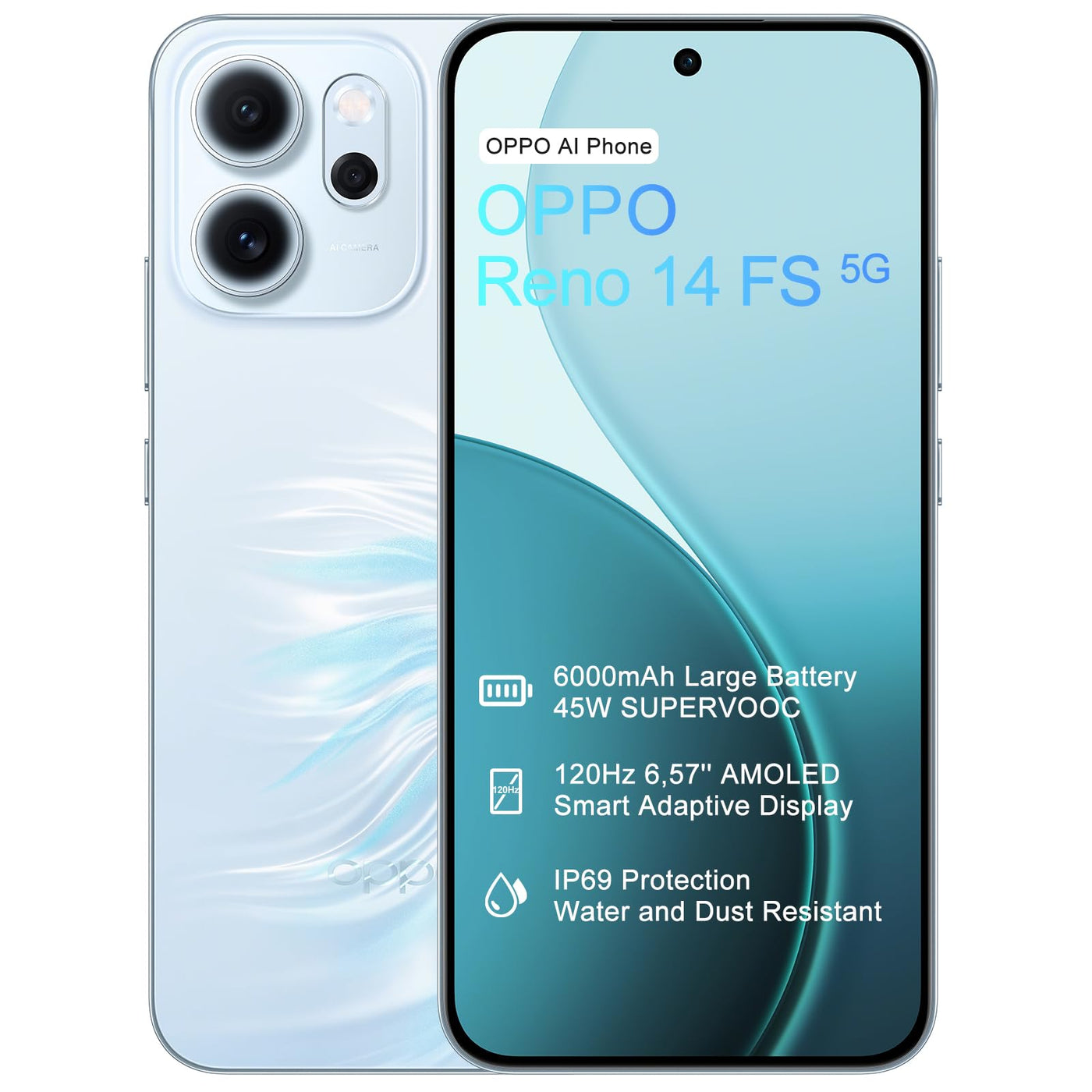 OPPO Reno14 FS 5G 12+512GB Smartphone ohne Vertrag, Simlockfreies AI Handy Android, Schirm 120Hz 6,57" AMOLED, 50MP AI Kamera, 6000mAh Akku, SUPERVOOC 45W, Snapdragon 6 Gen 1, IP69, 4K-Video, Blau