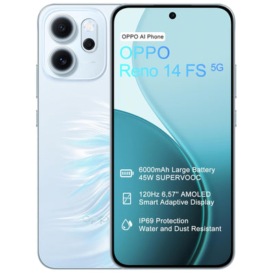 OPPO Reno14 FS 5G 12+512GB Smartphone ohne Vertrag, Simlockfreies AI Handy Android, Schirm 120Hz 6,57" AMOLED, 50MP AI Kamera, 6000mAh Akku, SUPERVOOC 45W, Snapdragon 6 Gen 1, IP69, 4K-Video, Blau