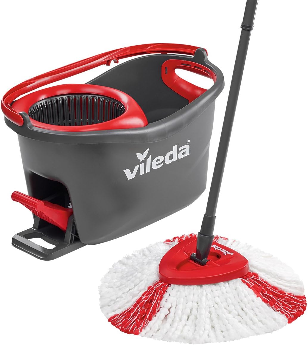 Vileda Turbo Wischmopp Komplett Set, Bodenwischer mit Teleskopstiel, Mikrofaser Moppkopf mit Kraftfasern und Eimer mit Powerschleuder, schnell und reinigungsstark, Stiellänge 75-130cm