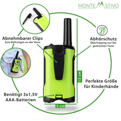 Monte Stivo® Walkie Talkie Kinder | 8-teiliges Set mit Kompass & Badge | Geschenke Kinder Outdoor Spielzeug für Junge und Mädchen
