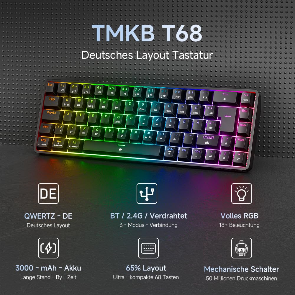 TMKB T68 Gaming Tastatur,60% Kabellos Mechanische RGB Tastatur mit Bluetooth/2.4G/Typ-C,Compact 68 Tasten Anti-Ghosting,Deutsches QWERTZ Layout,Red Linear Switch,Schwarz