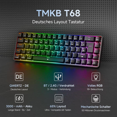 TMKB T68 Gaming Tastatur,60% Kabellos Mechanische RGB Tastatur mit Bluetooth/2.4G/Typ-C,Compact 68 Tasten Anti-Ghosting,Deutsches QWERTZ Layout,Red Linear Switch,Schwarz