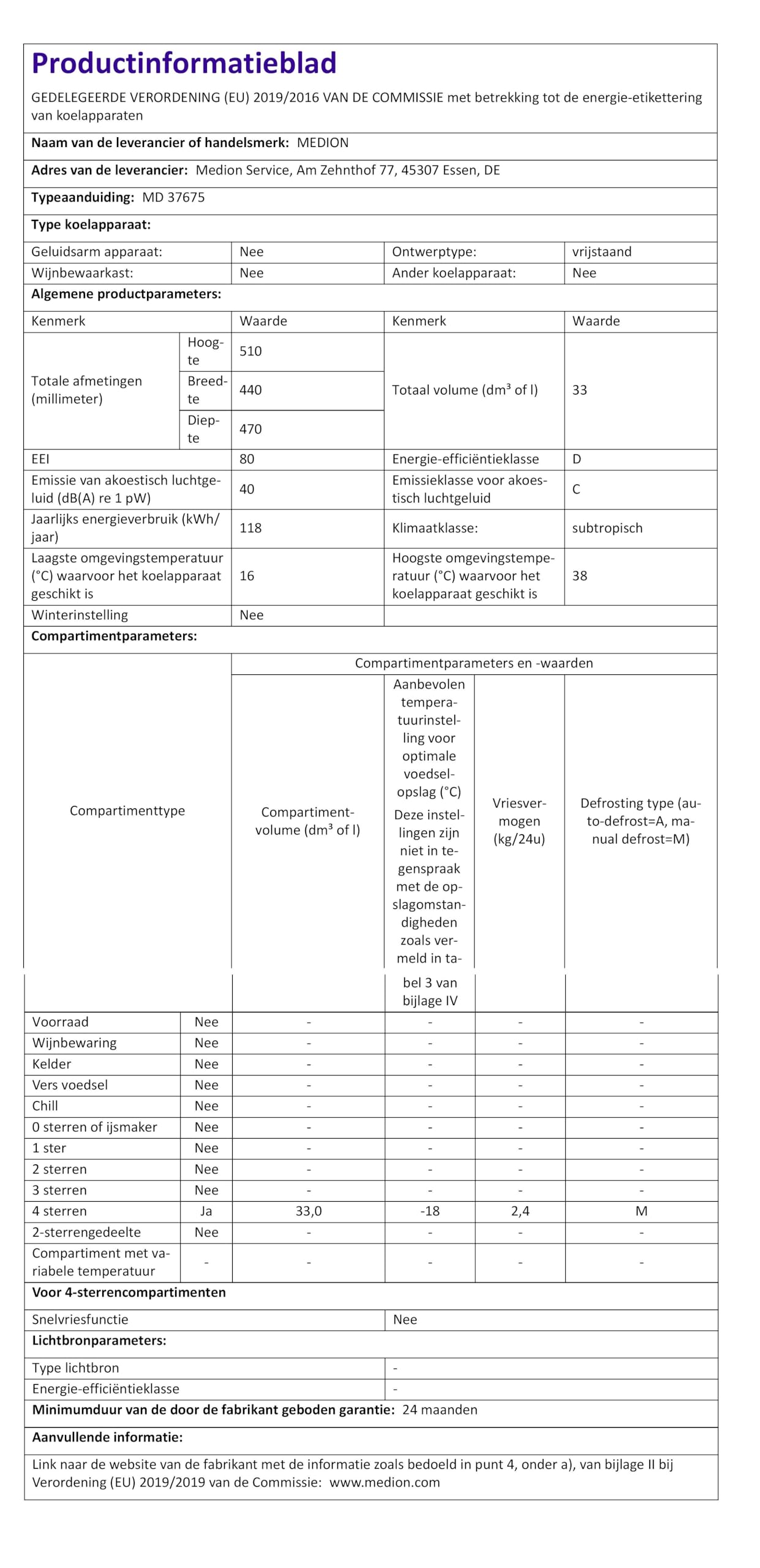 MEDION Mini Gefrierschrank (33 Liter Nutzinhalt, 51cm hoch, höhenverstellbare Füße, Griffmulde, manuelle Temperatureinstellung, Stern-Einstufung 4 Sterne, MD37675)