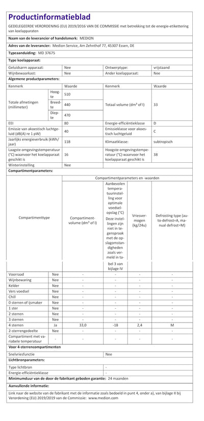 MEDION Mini Gefrierschrank (33 Liter Nutzinhalt, 51cm hoch, höhenverstellbare Füße, Griffmulde, manuelle Temperatureinstellung, Stern-Einstufung 4 Sterne, MD37675)