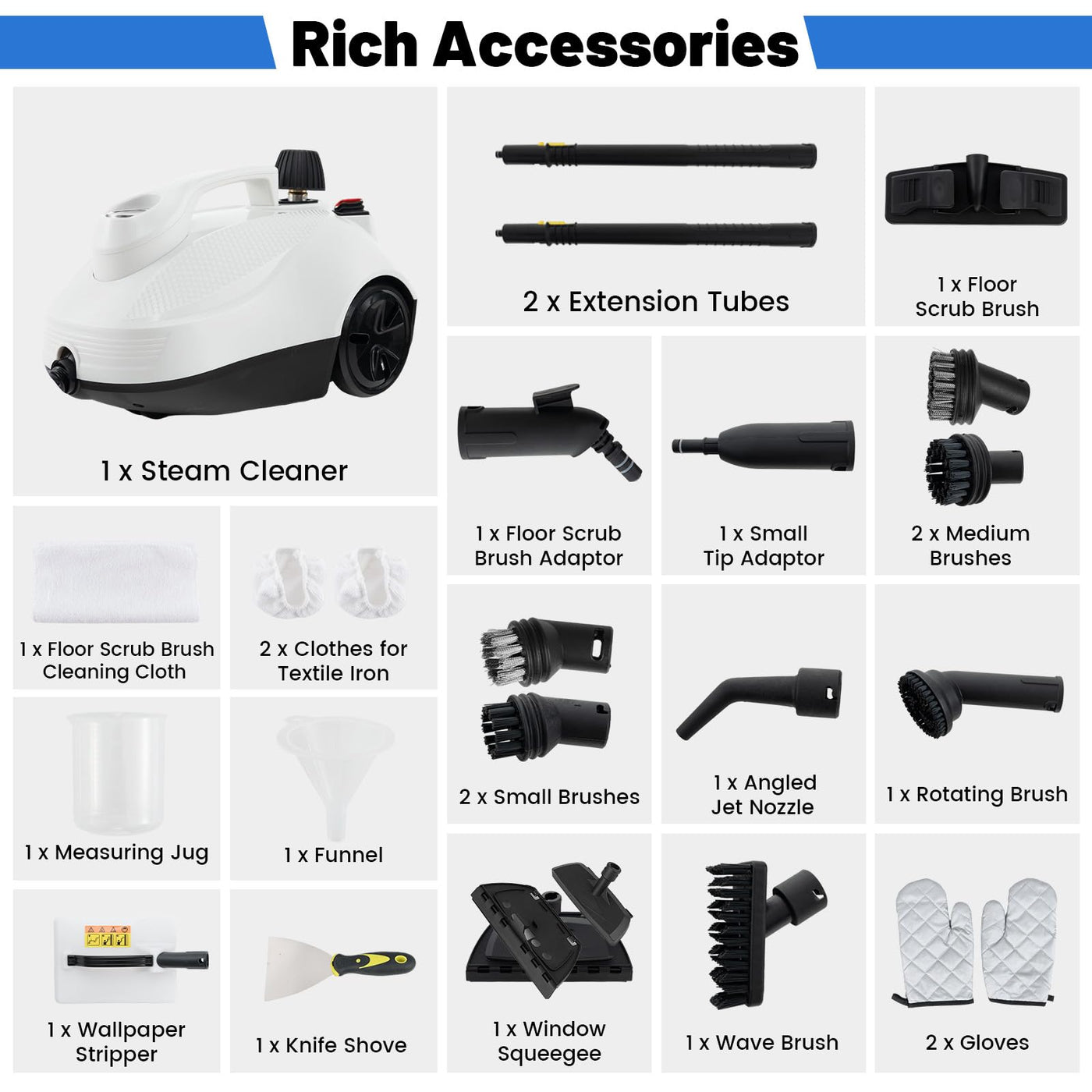 RELAX4LIFE Dampfreiniger, Dampfdruck: 5 bar, Leistung: 2000W, Flächenleistung: 108 m², Tank: 1,8 L, Aufheizzeit: 8 min., mit 24 Zubehöre&Druckmesser, für Teppiche, Boden, Fliese, Fenster, Sofa (Weiß)