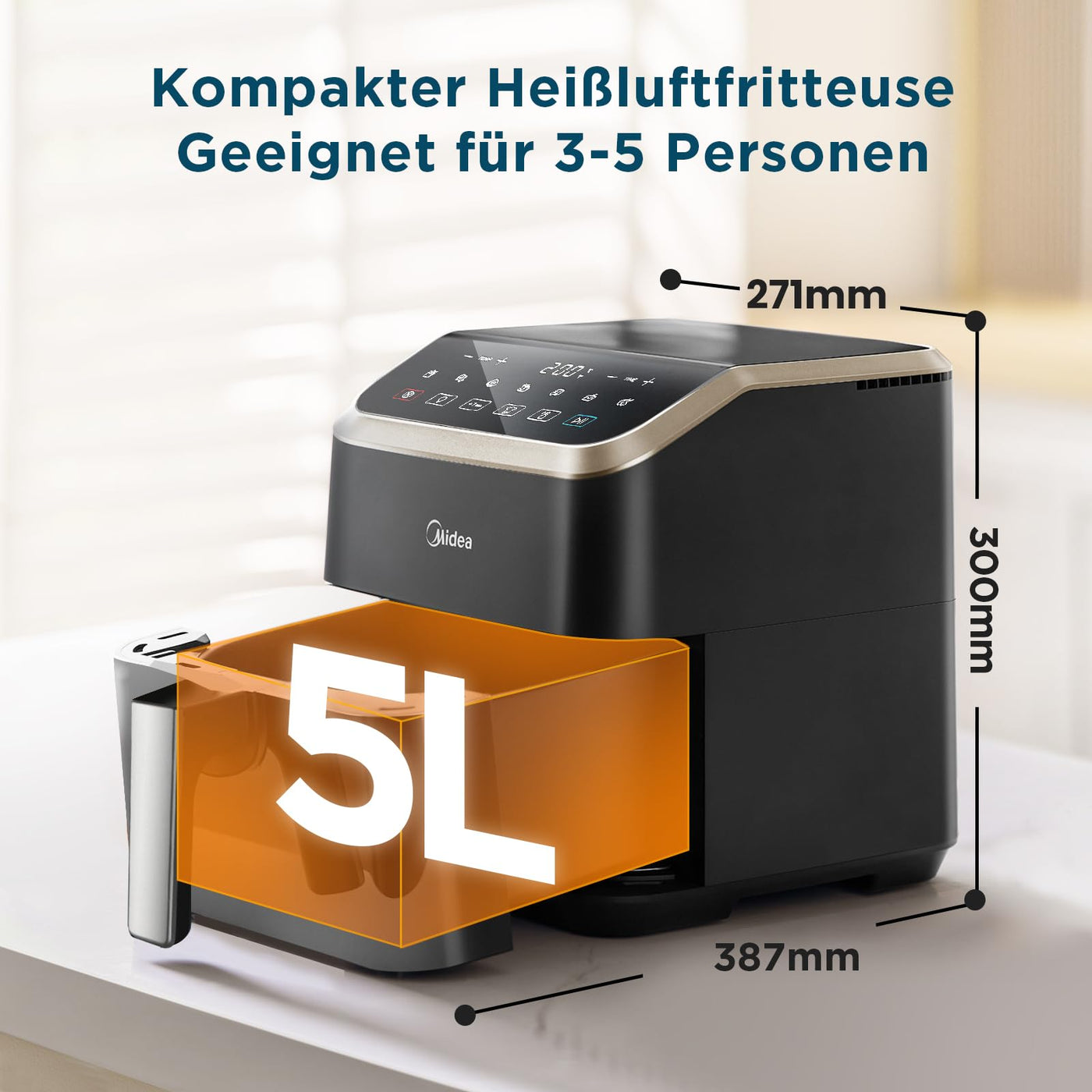 Midea Heißluftfritteuse 5L Fassungsvermögen, HeatXpress Technologie 90% weniger Öl, Energie- und Zeitersparnis mit 7 Voreinstellungen, Easy-View Fenster & Licht, Antihaft, Schwarz
