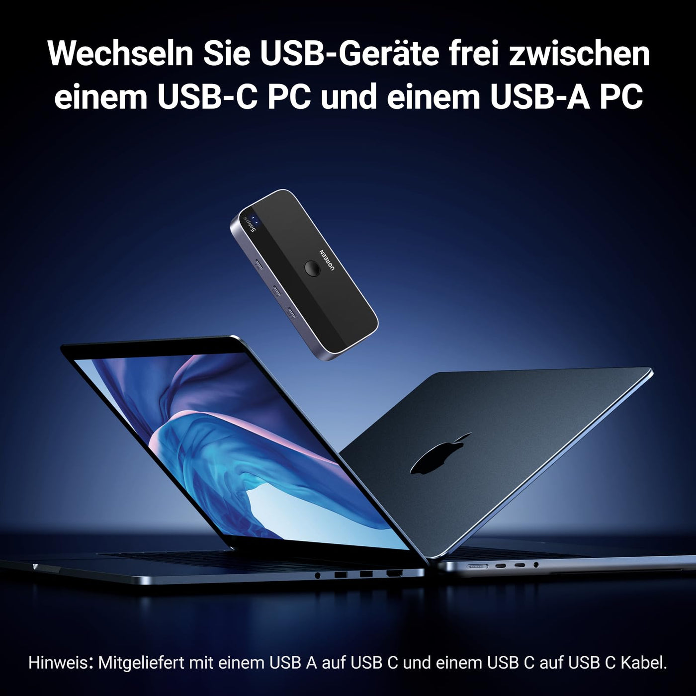 UGREEN USB C Switch 2PC USB Switch 3.0 mit 1xUSB C Port und 3xUSB A Ports, 2 In 4 Out USB-C Switch USB Umschalter Aluminiumgehäuse mit 2USB-C auf A/C Kabeln für Tastatur, Maus, Drucker, USB Stick usw.