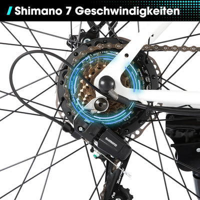 Hiland 26 Zoll Elektrofahrrad, 7 Gang 250W Motor E-Bike für Männer Frauen, Herren und Damen Elektro-Mountainbike mit Scheibenbremsen, 36V 7.8Ah Akku E-MTB, Weiß