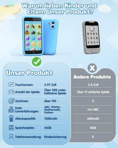 orantronx Kinder Handy Smartphone Spielzeug, 3.97" Kinderkamera Handy für Mädchen Jungen Geschenke ab ab 3 4 5 6 7 8-12 Jahre, Kinderhandy mit 200+ Lernspiele, Dualkamera, Kindersicherungs, MP3 Player