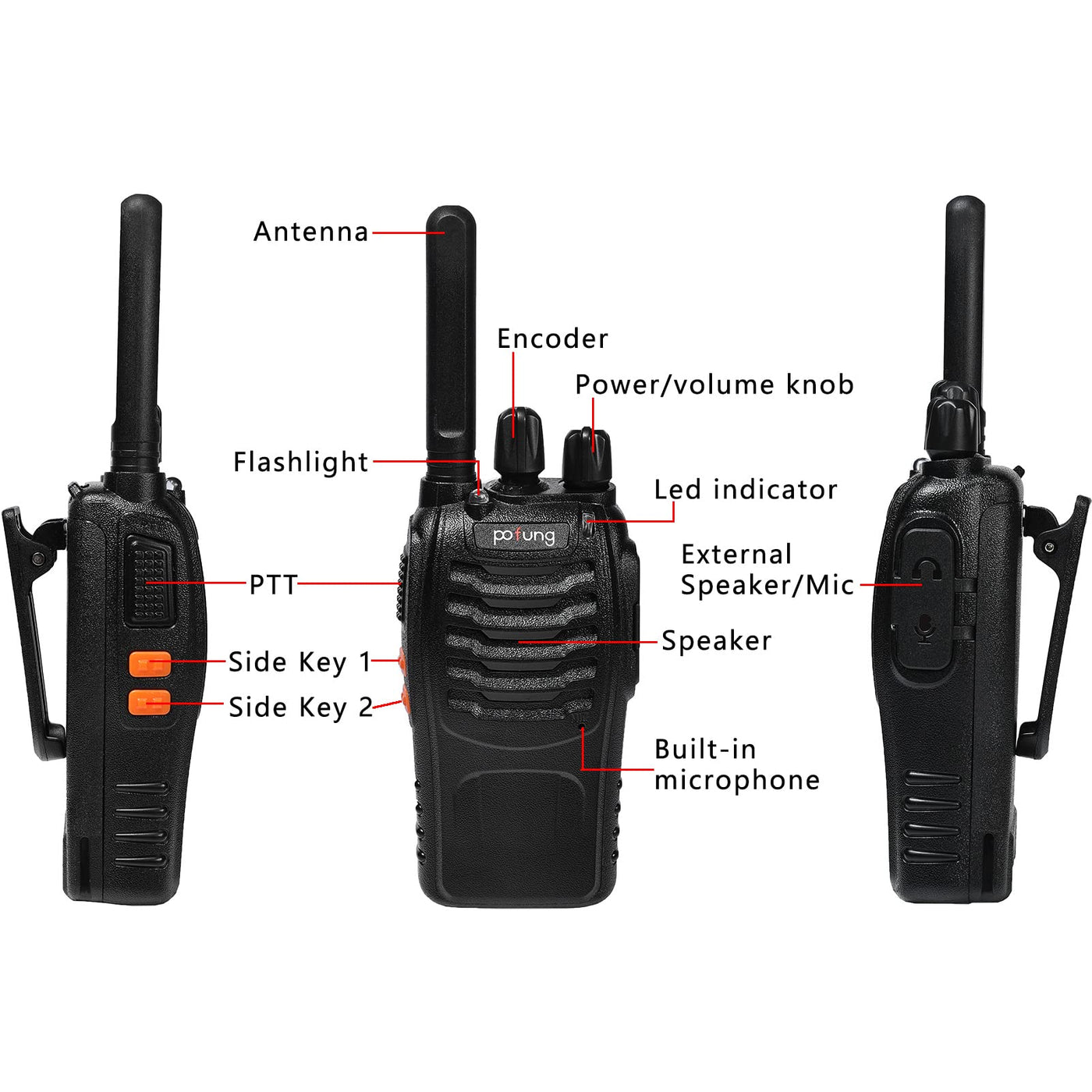 Walkie Talkie PMR446 lizenzfreies Zwei-Wege-Funkgerät, pofung PT88E 16 Kanäle Professionelle wiederaufladbare mit großer Reichweite USB-Ladestation und Hörmuscheln Schwarz 4 Stück