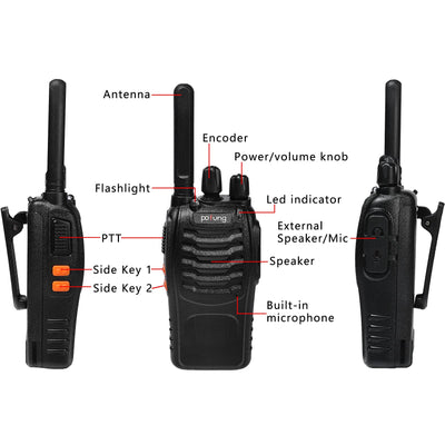 Walkie Talkie PMR446 lizenzfreies Zwei-Wege-Funkgerät, pofung PT88E 16 Kanäle Professionelle wiederaufladbare mit großer Reichweite USB-Ladestation und Hörmuscheln Schwarz 4 Stück