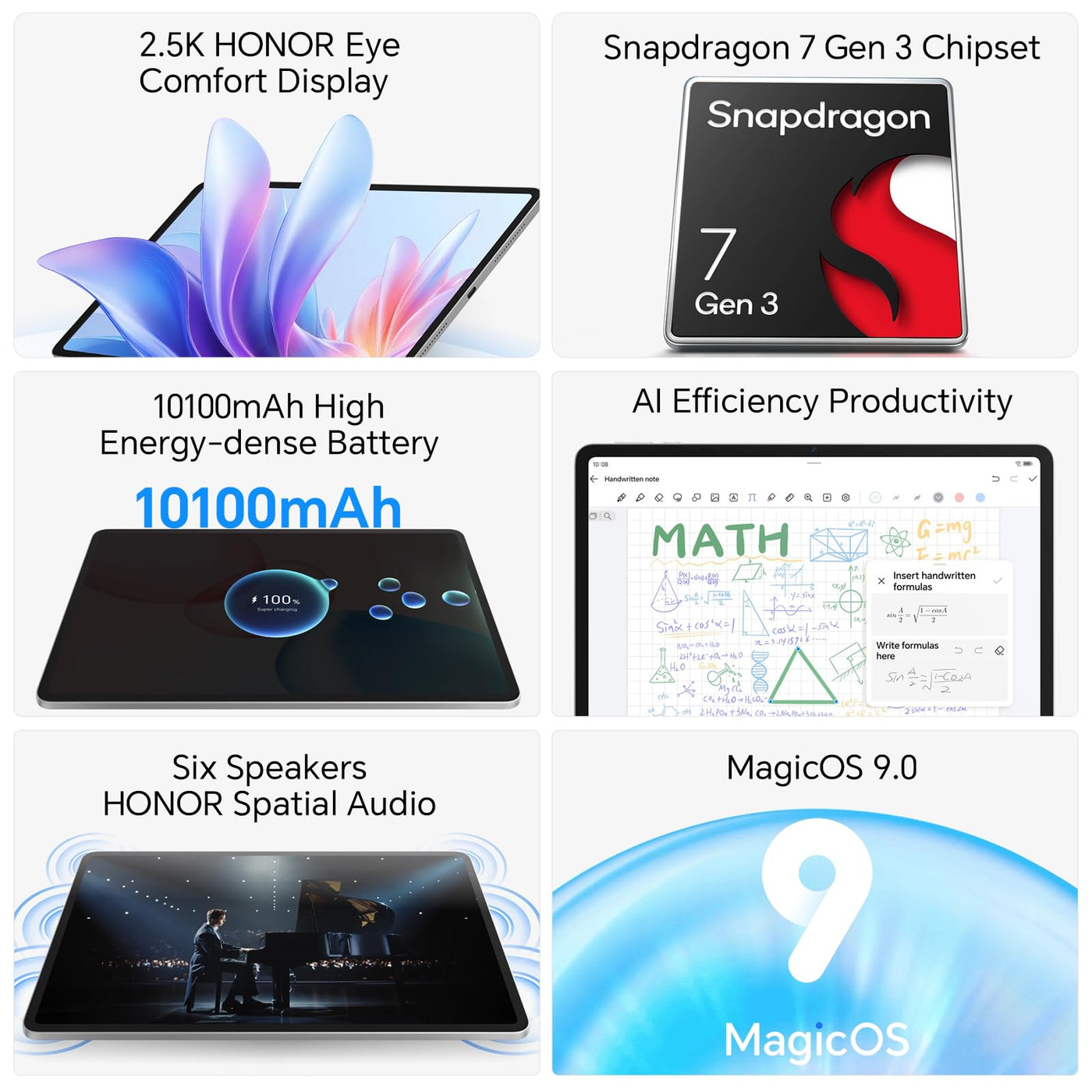 HONOR Pad 10 Tablet 8+256GB, 12,1-Zoll 120Hz 2,5K Dispaly, Snapdragon 7 Gen 3, 10100mAh Akku, Sechs Lautsprecher, Android 15, Wi-Fi-Tablets, Grau