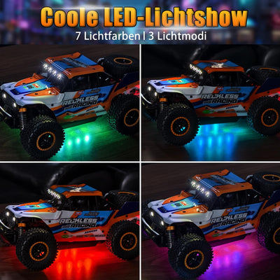 Ferngesteuertes Auto ab 10 Jahre, 32KM/H RC Auto Offroad mit 7 Farben Lichtern, 1/18 RC Monstertruck mit Ersatzreifen, 2.4GHz Monstertruck Ferngesteuert für Kinder Erwachsene, 4WD RTR All Terrain