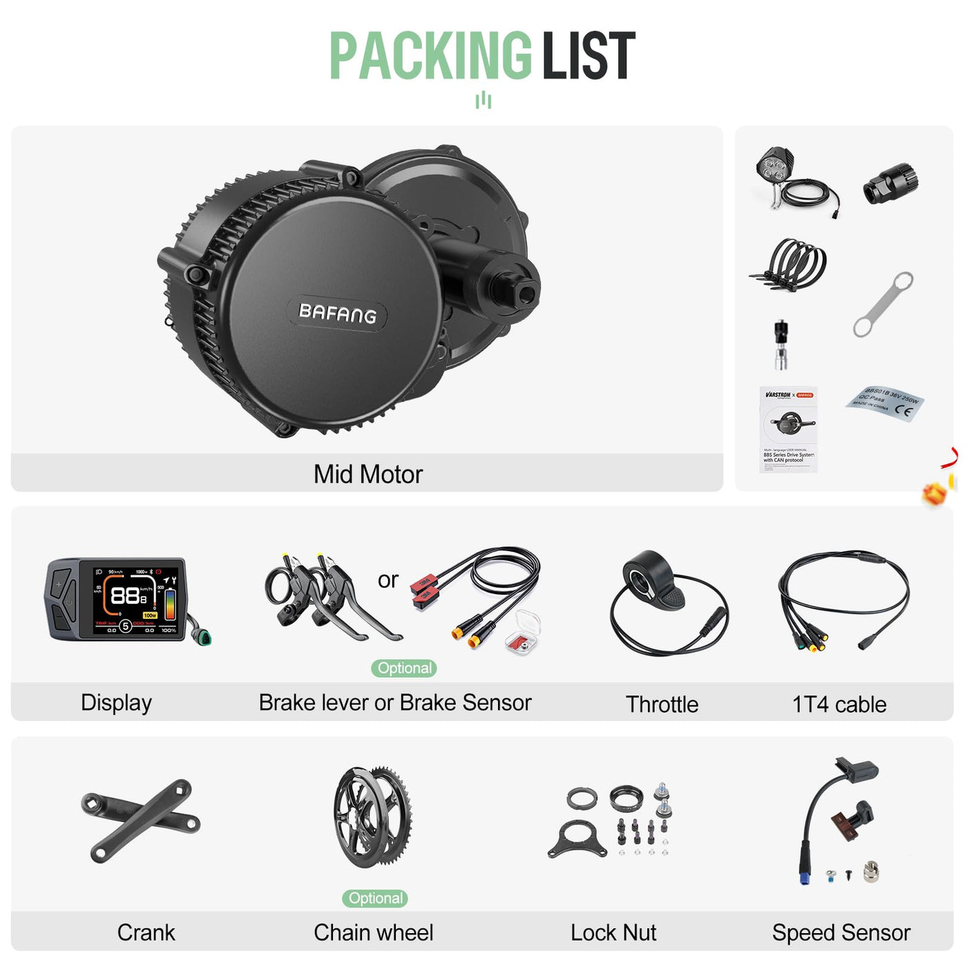 BAFANG Mittelmotor 250W 36V BBS01B CAN Version Elektrofahrrad Umbausatz mit EKD01 Mehrsprachig Ebike Display, für 68mm Tretlager Mountainbike, Rennrad, Pendlerfahrrad