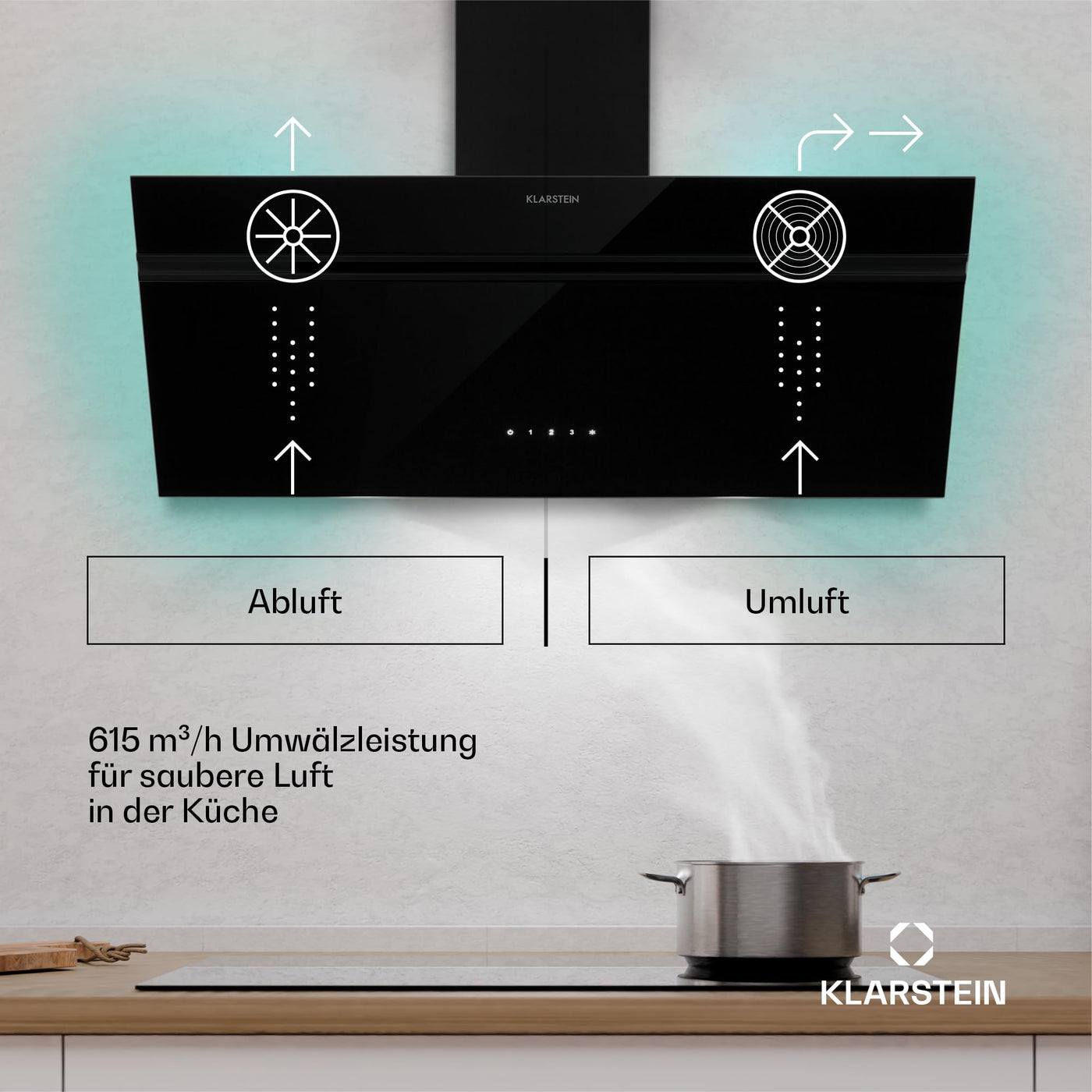 Klarstein Dunstabzugshaube Alina - 90-cm-Wandhaube, 615 m³/h Luftstrom, Energieeffizienzklasse A, LED-Beleuchtung in 9 Farben, Touch-Bedienfeld, Umluftbetrieb, Schwarz