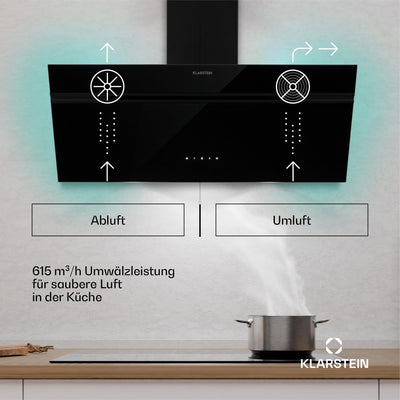 Klarstein Dunstabzugshaube Alina - 90-cm-Wandhaube, 615 m³/h Luftstrom, Energieeffizienzklasse A, LED-Beleuchtung in 9 Farben, Touch-Bedienfeld, Umluftbetrieb, Schwarz