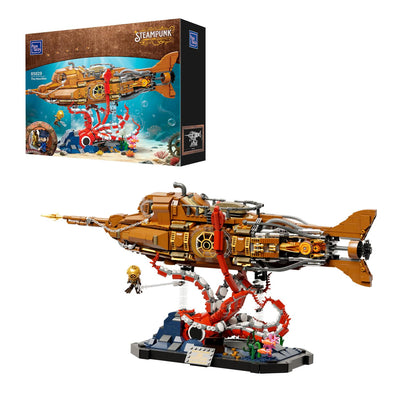 PANTASY Steampunk Nautilus U-Boot Klemmbausteine Set, Modulares 3-Sektionen-Design mit Zahnrad-Propeller, Mini-Boot & Unterwasser-Abenteuerszene, Retro Mechanisches Sammlermodell für Erwachsene