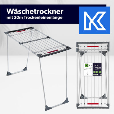 KADAX Teleskop Wäscheständer mit 20m Trockenleinenlänge, ausziehbarer Wäschetrockner für Bettwäsche, großer Flügelwäscheständer aus pulverbeschichteten Stahl (Grau)