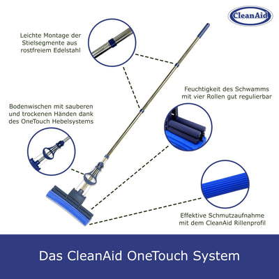 CleanAid OneTouch GO! Wischmopp, Bodenwischer, Wringmopp, Wischer mit Auswringfunktion - besonders saugstark - mit PVA Schwamm und Segmentstiel aus Edelstahl