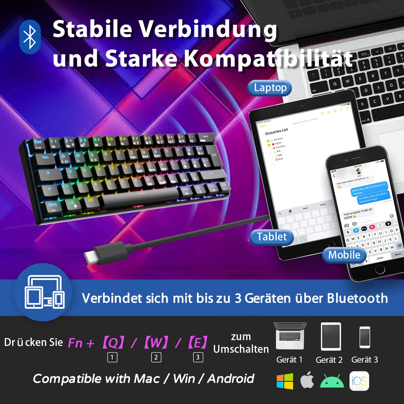 RK61 RGB Gaming-Tastatur, 2,4 GHz Wireless/Bluetooth/Wired 60% Mechanische Tastatur 61 Tasten, Hot-Swap-fähiger Roter Schalter mit RGB-Beleuchtung, Kompatibel für Win/Mac, Schwarz (QWERTZ)