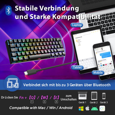 RK61 RGB Gaming-Tastatur, 2,4 GHz Wireless/Bluetooth/Wired 60% Mechanische Tastatur 61 Tasten, Hot-Swap-fähiger Roter Schalter mit RGB-Beleuchtung, Kompatibel für Win/Mac, Schwarz (QWERTZ)