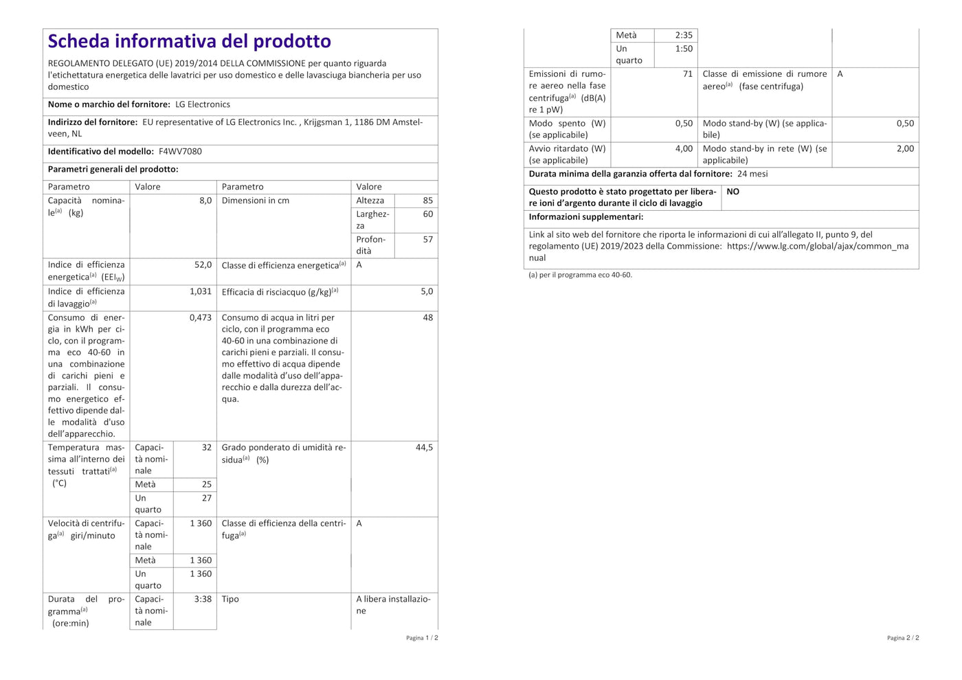LG F4WV7080, Klasse A, Frontlader-Waschmaschine 8 kg, 1400 U/Min, AI Direct Drive, Wi-Fi, Tiefenreinigung mit Dampf, Große Kapazität, TRIPLE A, Außentür aus Sicherheitsglas, 62 x 60 x 85 cm ꟷ Weiß